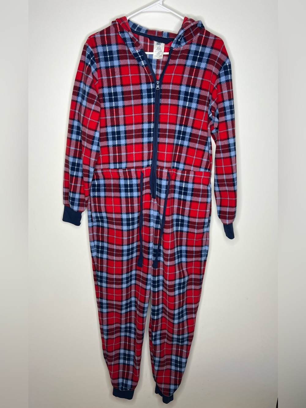 Lands' End Red and Blue Plaid Fleece Hooded Jumpsuit